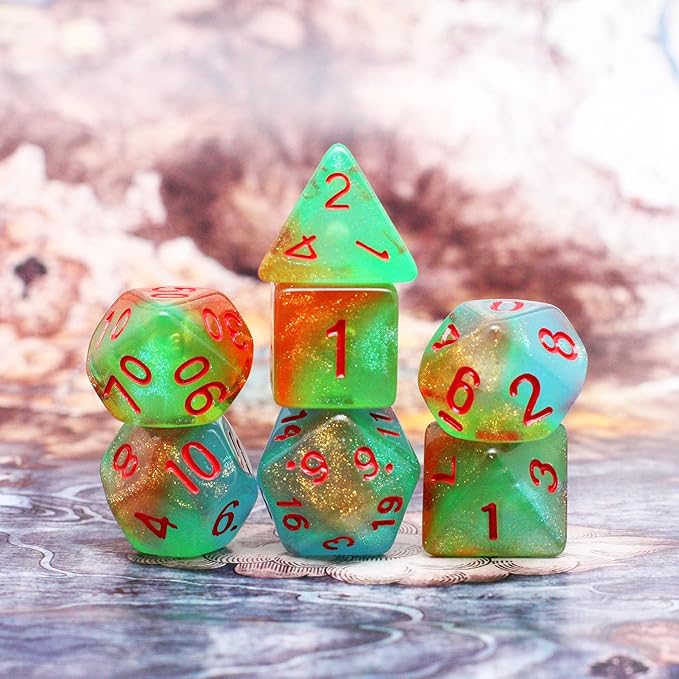 DND Dice Set with Dragon Totem Metal Gife Case, Dungeons and Dragons Dice Set,Polyhedral Dice Set Filled with Shiny Glitters,Role Playing Games and Tabletop Games (Green&Sky Luminous)