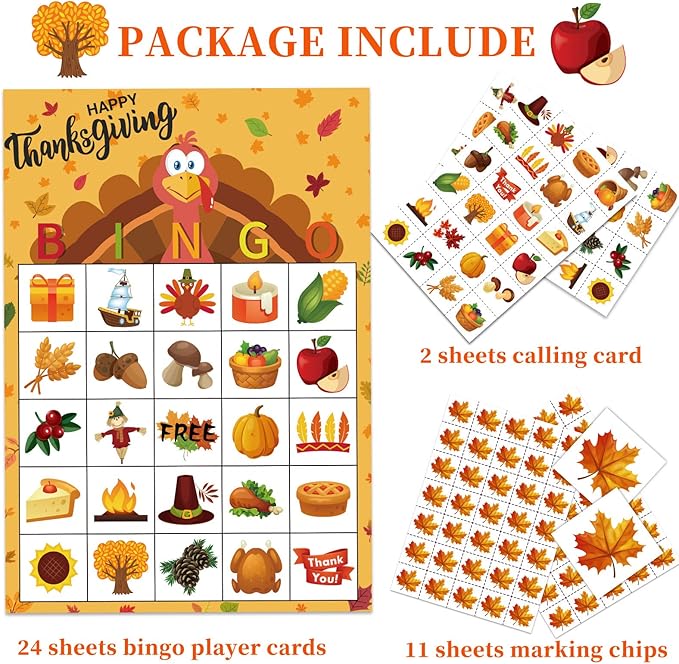 MISS FANTASY Thanksgiving Bingo Game - 24 Player Cards, Family & Toddler Friendly, Classroom Party Activities
