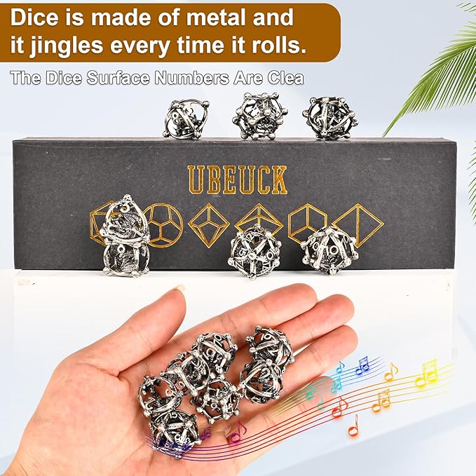 DND Metal Dice Set, UBEUCK 7PCS Gear Metal DND Dice Set for Dungeons & Dragons Board Games Boxes (Antique Nickel dice 2)