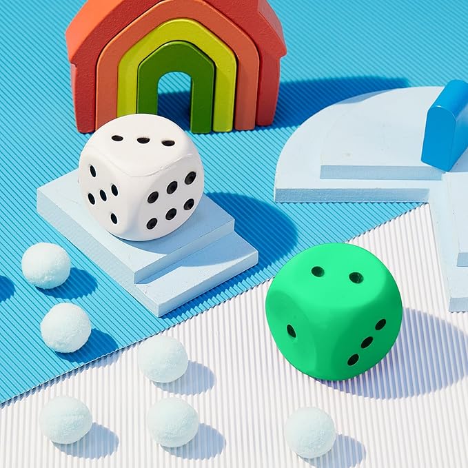 Zomiboo 2 Pcs Large Foam Dice Stress Balls Soft Jumbo 6 Sided Giant Dice Educational Learning Squeeze Anxiety Relieve Toy Gifts for Adults Kids Board Game Classroom(Green,White,2.3 Inch)