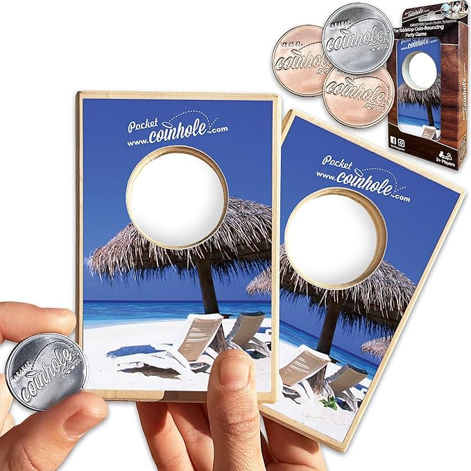 Desktop Coin Bouncing Party Set | Tabletop Cornhole Board | Small Travel Game Includes Coins
