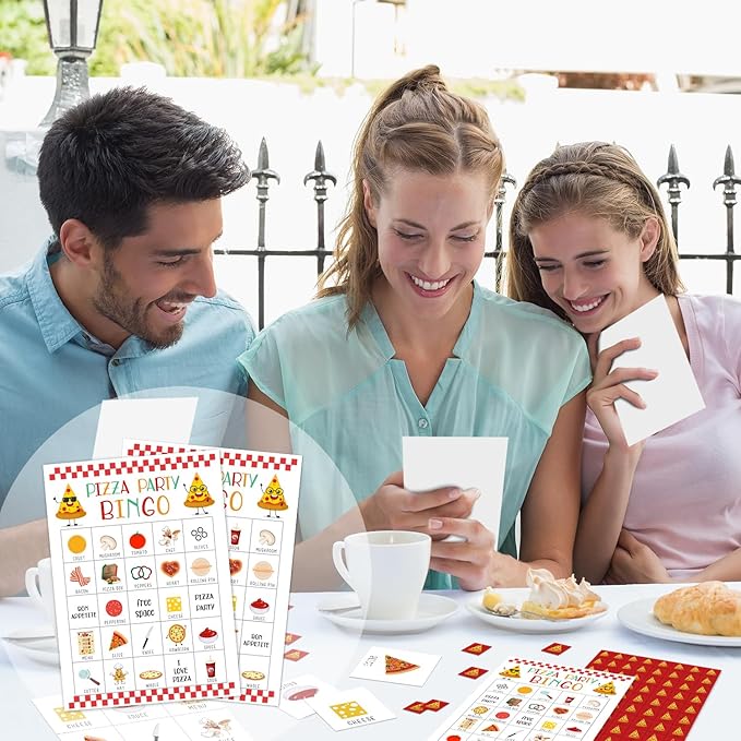 Pizza Party Bingo Game - 24 Player Bingo Cards for Women, Men, Family & Friends - Holiday Party Activities & Supplies - JK0102