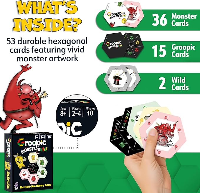 Groopic Monster's Style - A Fun Twist on The Beloved Rummy Game. Board Games for Family Night, Card Games for Kids 8-12, Innovative Rummy Card Game Set, Tile Games for Families, Ages 8+