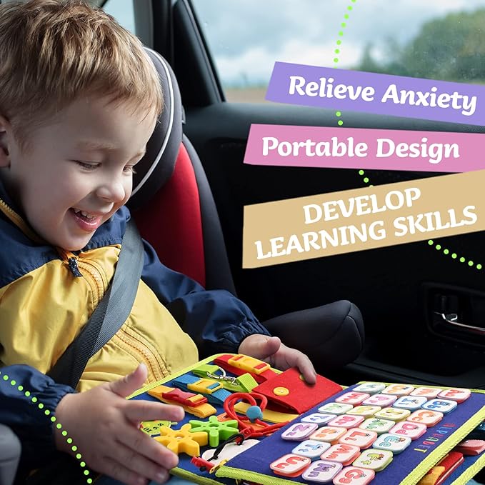 TenFans Montessori Busy Board | 1-4 Year Old Toddler Learning Toy | Fine Motor Skills Development | Montessori Sensory Playset | Early Childhood Education Tool | Portable Travel Preschool Activity Kit