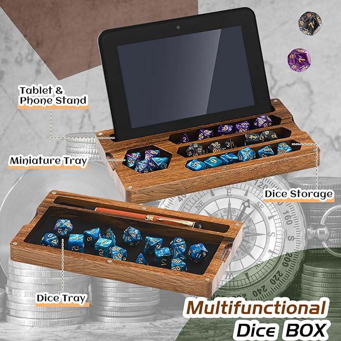 Walnut Dice Box 4.8 x 9 Inch Handmade Dice Tray for Rolling with Storage Phone Tablet Stand Magnetic Lock Secures Lid Portable Tray for Tabletop RPG Board Games Gift(Walnut,Regular)