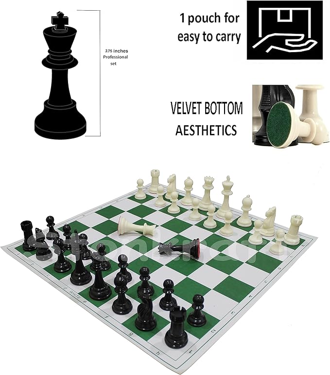 StonKraft 18.2'' x 18.2'' Tournament Chess Vinyl Foldable Chess Game with Solid Plastic Pieces (with Extra Queen) - Ideal for Professional Chess Players