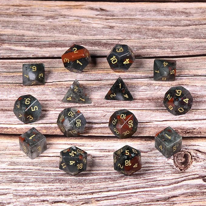 TUMBEELLUWA Engraved Crystal Stone Polyhedral Dice Set for RPG MTG Dungeons and Dragons Table Game 7 Pieces DND Board Game Dices with Pouch, Africa Blood Stone