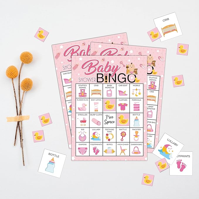5"x7" Pink Baby Shower Bingo Cards (24 Kinds), Baby Shower Party Favors for Teenagers and Adults, Road Trip Activities, Travel Bingo, School Classroom Party Activity -005babygirl