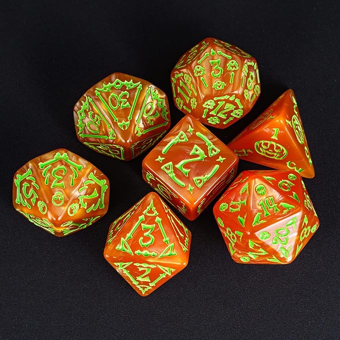 7-Die DND Dice Set Halloween Pattern Polyhedral Die Set with Leather Bag, Skull Dice D&D Die for Dungeons and Dragons RPG Table Games(Halloween Pattern-Orange/Green Number)