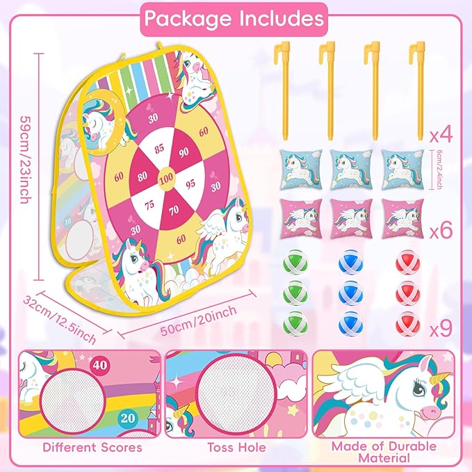 Unicorn Bean Bag Toss Game - 5 in 1 Foldable Cornhole Ring Toss for Kids' Parties & Birthdays