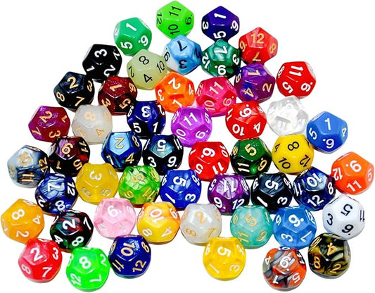 SmartDealsPro 50-Pack D12 12 Sided Dice Polyhedral Dice with Pouch for DND RPG MTG Table Game (D12, Mix Color)