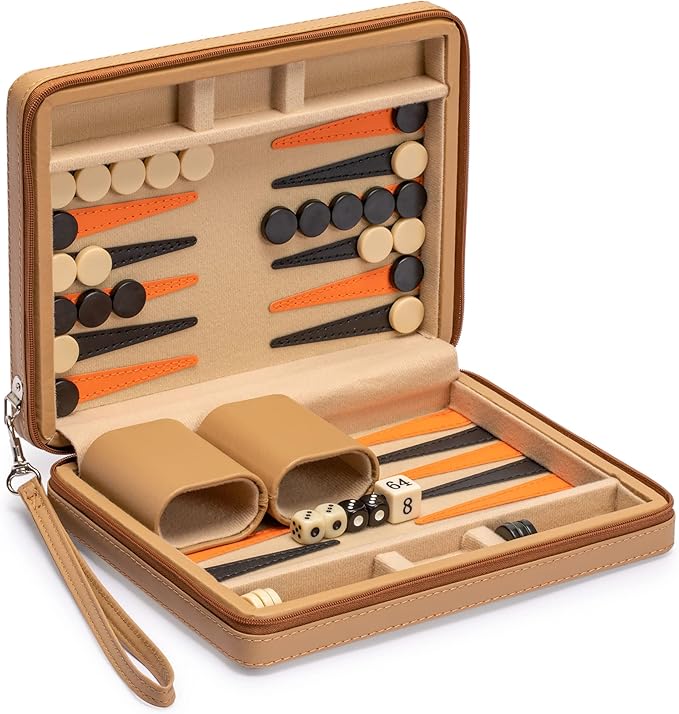 Yellow Mountain Imports Travel Magnetic Leatherette Backgammon Mini Game Set, Bozcaada - with Magnetic Checkers, 9-inch Board
