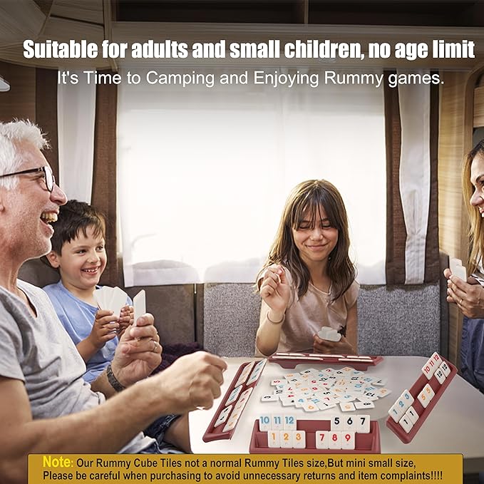 Smilejoy Mini Rummy Cube 4 Players Edition,Travel Rummy Game Set with Portable Canvas Bag,Classic Board Game for Adults and Kids |106 Tiles | 4 Playing Racks |1 Dice | (2-4 Player) ﻿