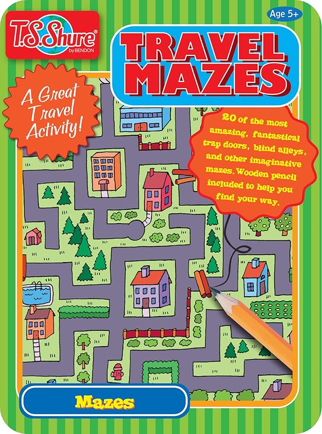 Bendon TS Shure Travel Games Mazes Mini Activity Tin with 20 Illustrated Activity Sheets and Pencil and Tin 50438