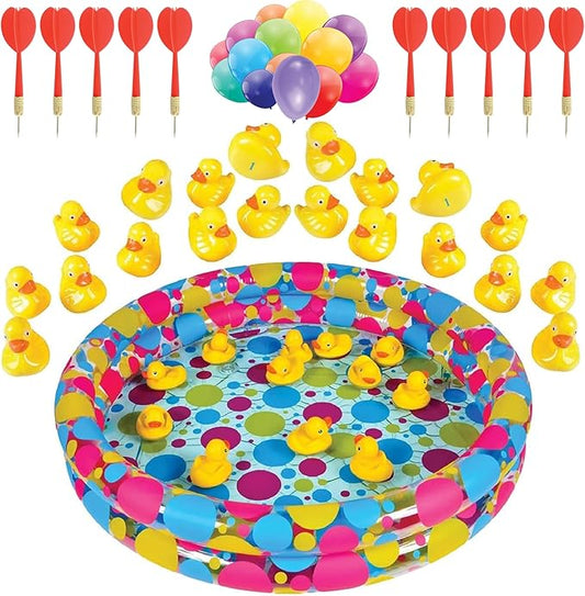 Gamie Duck Pond Matching Game & Dart Balloon Game for Kids, Includes 20 Plastic Ducks with Numbers and 3" x 6" Inflatable Pool & Includes 144 Dart Balloons and 11 Plastic Darts with Copper Tips
