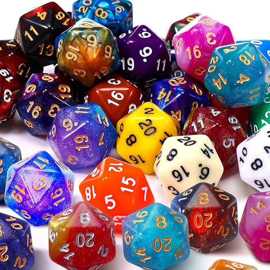 TecUnite 25 Pieces Polyhedral Dice Set with Black Pouch for Other Table Games with Random Multi Colored Assortment (Mix Color,20 Side)
