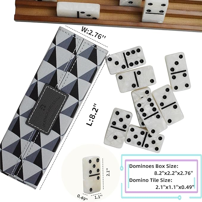 Dominos Set for Adults, Double 6 Domino Set, 28 Jumbo Marbleized White Tiles, Dominoes Set for Adults and Kids - Classic Board Games for Family & Travel (in Rhomb Pattern Leather Case)