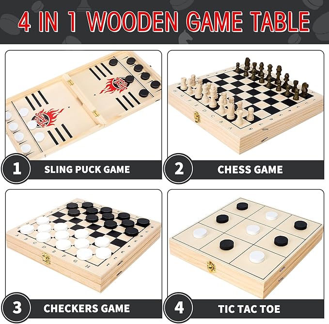 4 in 1 Fast Foldable Slingshot Puck Game with Chess Board and Checkers Board, Tic Tac Toe, Wooden Air Hockey for Family Night, Table Games for Adults and Kids