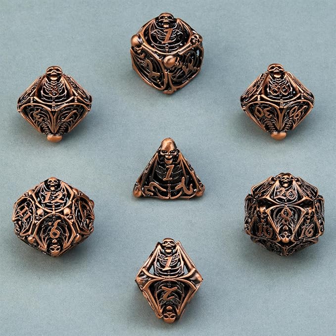 Metal Skull Dice Unique Hollow Dice Set for Dungeons and Dragons Polyhedral D&D TRPG,MTG,Pathfinder,Table Board Roll Playing Games D4 D6 D8 D10 D% D12 D20 (Copper)