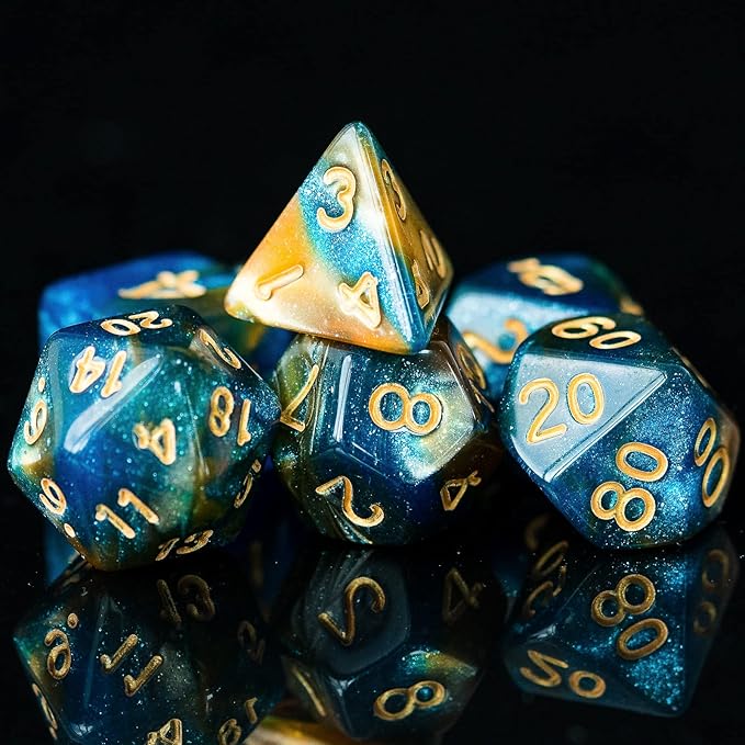 7-Die DND Dice Set Polyhedral Dice Set with a Leather Dice Bag, D&D Dice Set for Dungeons and Dragons, RPG, MTG Table Games (Blue Yellow/Glitter)