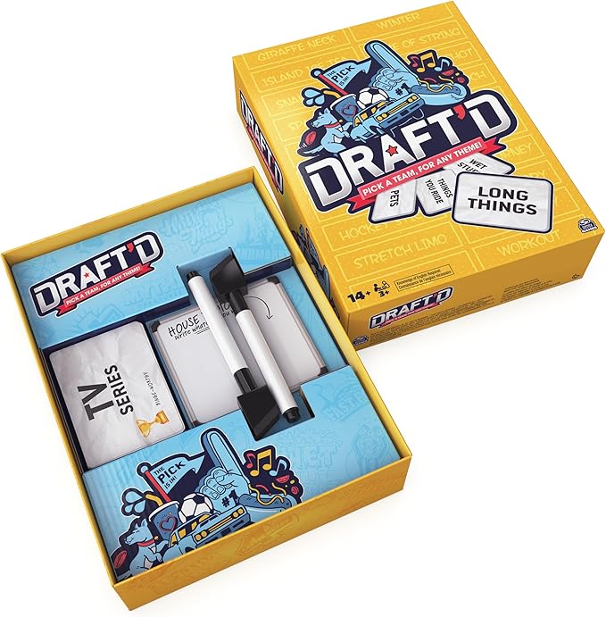 Spin Master Games, Draft’d, Competitive Drafting Party Game with Hilarious Prompts for College Nights, Football Watch Parties, Happy Hour Activity, for Teens & Adults, 3-5 Players, for Ages 14 & Up