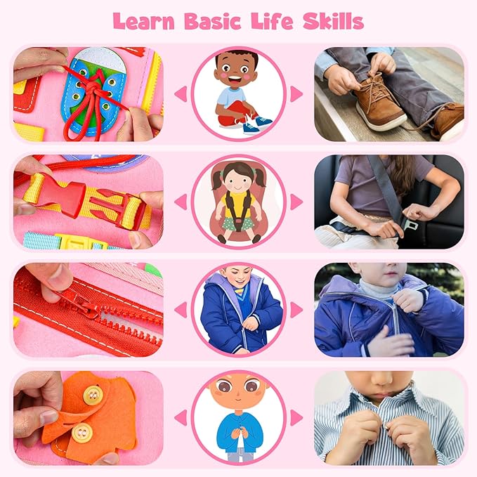 Busy Board Montessori Toys for 4 Years Old, Busy Book for Toddlers, Sensory Board Quiet Book Educational Activity Book for Toddlers 4-5, Toddler Travel Toys for Plane Car, Gifts for Boys Girls (Pink)