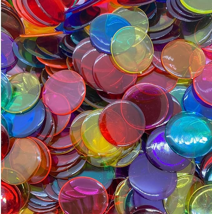 MR CHIPS Plastic Bingo for Games 500 Count - Solid and Transparent Colors Counting 19 Color Choices 3/4 Inch 7/8