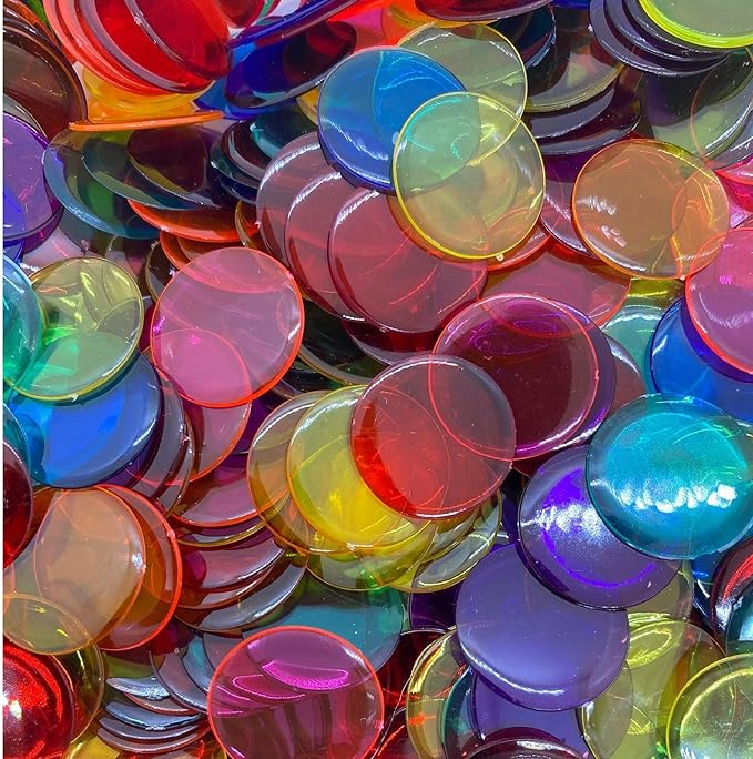 MR CHIPS Plastic Bingo for Games 500 Count - Solid and Transparent Colors Counting 19 Color Choices 3/4 Inch 7/8