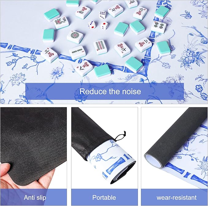 Large Blue Mahjong Mat (31.5” x 31.5”) with Black Carrying Bag, Anti-Slip, Noise-Reducing Table Cover for Mahjong, Poker, Board Games, Dominoes, and Card Games
