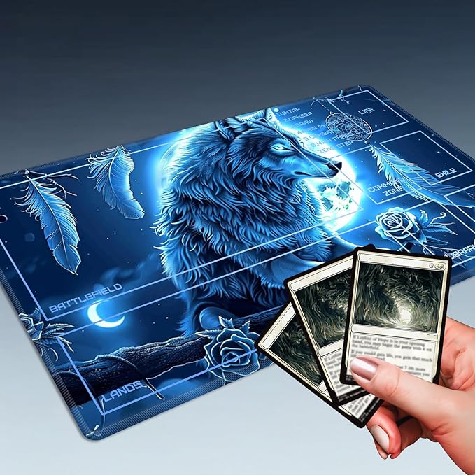 MTG Playmat Size 23.6x13.8in with Storage Bags Portable Playmat TCG and Board Game Mat for Cards Rubber Base Slip-Resistant Mousepad Desk Mat (Fantasy Owl,with Zone)