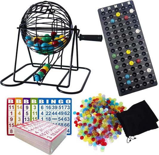 Yuanhe Deluxe Bingo Game Set - Metal Round Cage, 75 Colored Bingo Balls, 100 Bingo Cards, 500 Mixed Chips and Master Board for Large Groups, Parties