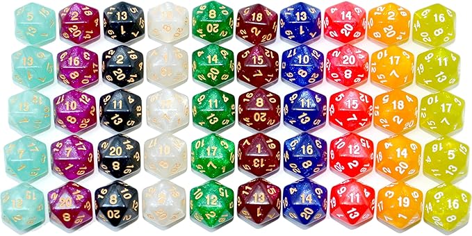 SmartDealsPro 50-Pack D20 20 Sided Dice Polyhedral Dice with Pouch for DND RPG MTG Table Game (D20, Glitter Color)