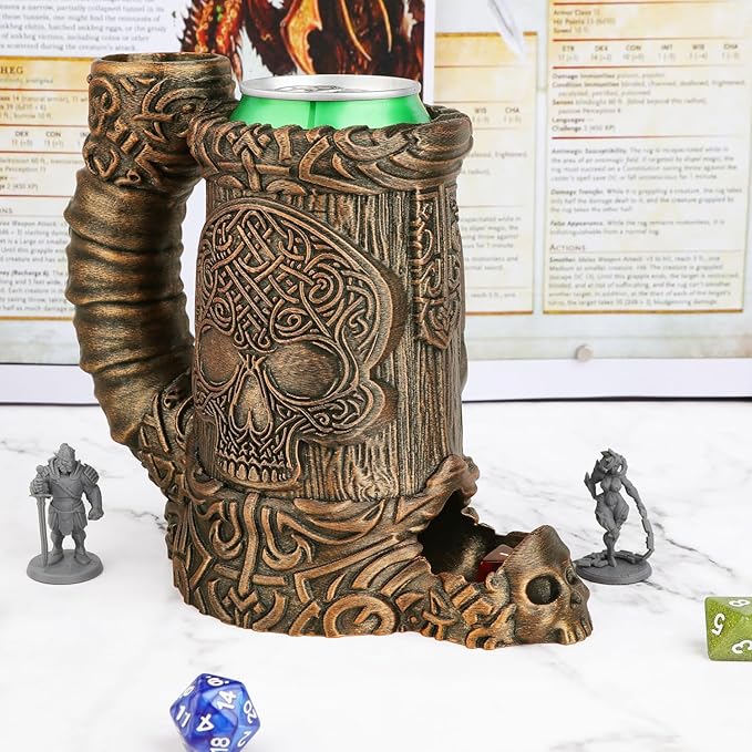 DND Dice Tower – Hand-Painted Dice Rolling Tower for Tabletop RPGs – Gothic Dice Storage, Pen Organizer, and Beverage Holder Perfect for Dungeons & Dragons TTRPG Games (RF286C Skull Cup Bronze)
