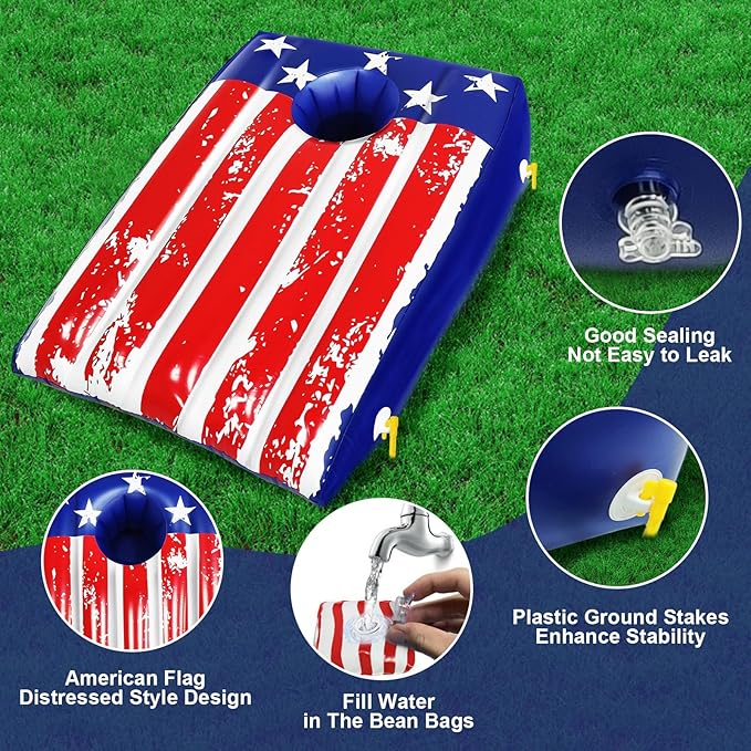 Pool Cornhole, 2 Pack Cornhole Boards 8 Bean 8 Stake, Pool Games for Adults Teen Family, Inflat American Flag Pools Toy Bean Bag Toss Game Pools & Beach & Ground Multi Occasions Summer Patriotic Party