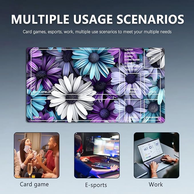 MTG Playmat Size 23.6x13.8in with Storage Bags Portable Playmat TCG and Board Game Mat for Cards Rubber Base Slip-Resistant Mousepad Desk Mat (Floral Daisy,with Zone)