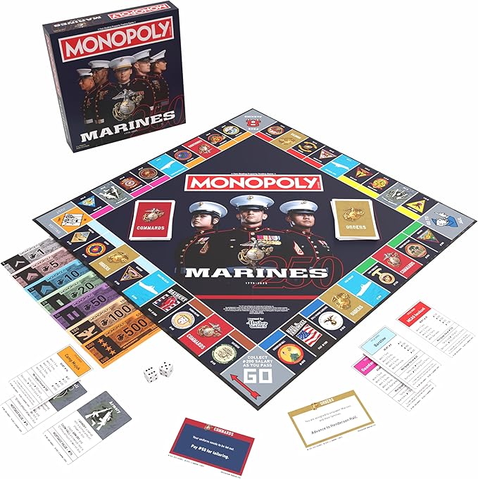 Monopoly: Marines 250th Anniversary Edition, Celebrate 250 Years, Buy Bases Worldwide and Upgrade with Tents & Barracks, Play as Tokens: Combat Boots, Bulldog, & More, Officially Licensed Merchandise