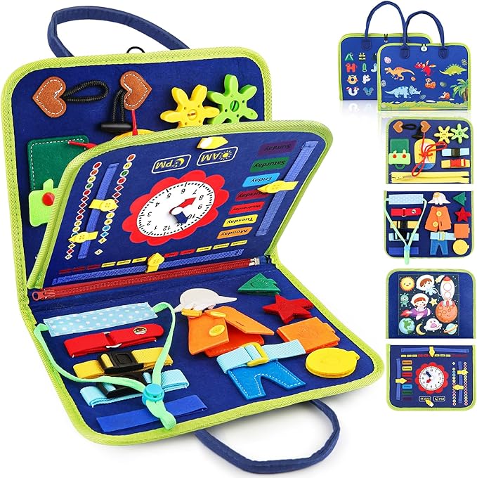 Montessori Busy Board Toys, Sensory Board for Toddlers 1-3, Travel Felt Busy Book for Airplane Car, Activity Busy Mat for Learning Fine Motor Skills Suits Boys Girls Birthday Gifts Blue/P1