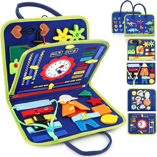 Montessori Busy Board Toys, Sensory Board for Toddlers 1-3, Travel Felt Busy Book for Airplane Car, Activity Busy Mat for Learning Fine Motor Skills Suits Boys Girls Birthday Gifts Blue/P1
