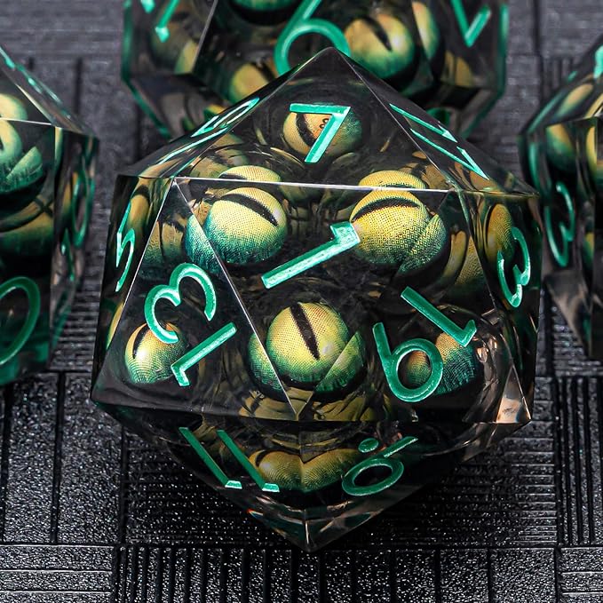 DND Resin Dice Mix Eyeball Dice Set 22-32mm Large Sharp Edged Dice Set with Box, Dungeons and Dragons Polyhedral D&D Role Playing Board Game D&D Dice Set D20 D12 D10 D8 D6 D4 (Green Eyes+Green Ink)