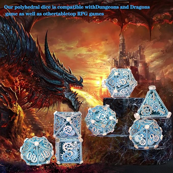 DND Metal Dice Set, UBEUCK 7PCS Gear Metal DND Dice Set for Dungeons & Dragons Board Games Boxes(Gear Solid Blue)