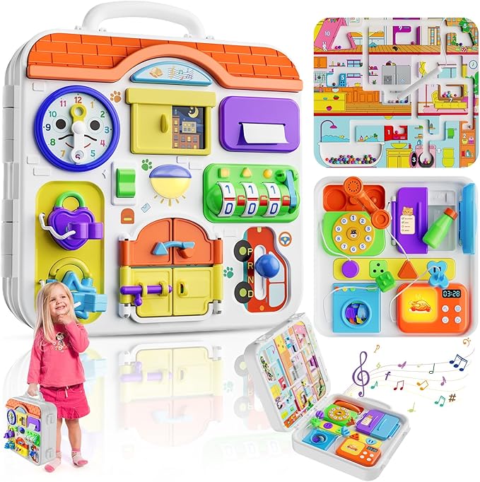 Toddler Montessori Toy Busy Board for 1-2 Year Old Boys Girls Gift, Baby Toy 12-18 Months, Musical Learning Educational Toys for 1 Year Old, 1st Birthday Baby Boy Girl Gifts