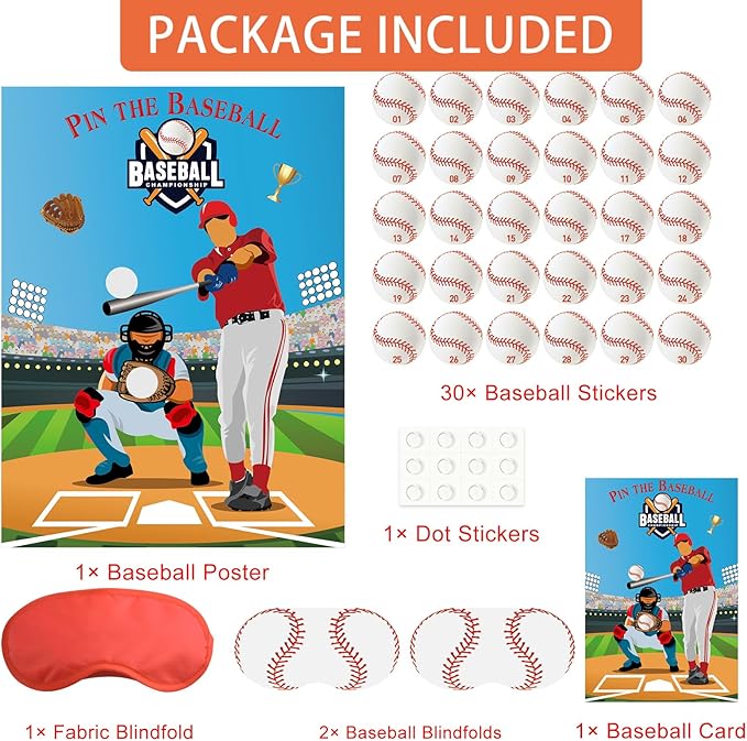 PLULON Baseball Party Pin Game for Kids Pin The Baseball on The Glove and Bat Large Baseball Poster with 30Pcs Baseball Stickers for Boys Girls Birthday Party Favors Wall Decor Classroom Activities
