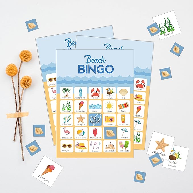 5"x7" Beach Bingo Game Cards (24 Kinds), Birthday Party Summer Game, Outdoor Indoor, Hiking, Trip Activities, Family Vacation Travel Bingo, Activity Games -008beach