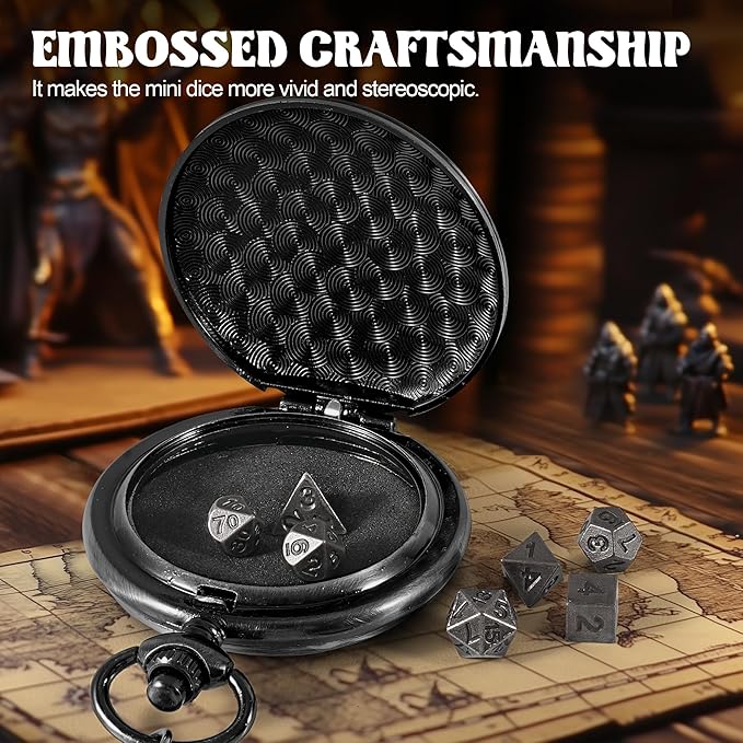 D&D Dice Set,7PCS Metal Dice Set for Dungeons and Dragons,Mini Dice Sets with Pocket Watch Case,Role Playing Board Games Accessories (Monster, Black)