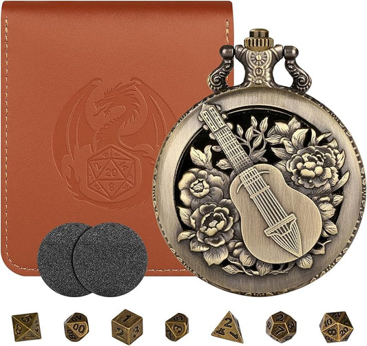 Mini DND Dice Set Steampunk Hollow Bard Pocket Watch Shell Case, 7pcs Tiny Polyhedral Metal D&D Dice Set, DND Gifts with Leather Bag, Role Playing Board Games Accessories, Bronze