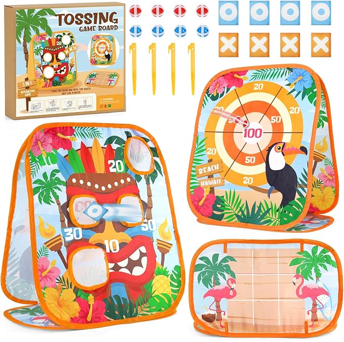Bessmoso Luau Party Bean Bag Toss Games Hawaiian Tiki Party Games Double-Sided Collapsible Cornhole Board for Summer Tropical Party Family Outdoor Indoor Yard Kindergarten Party Games
