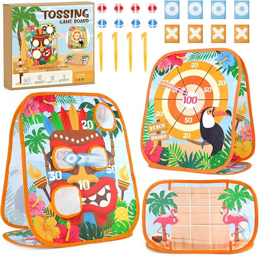Bessmoso Luau Party Bean Bag Toss Games Hawaiian Tiki Party Games Double-Sided Collapsible Cornhole Board for Summer Tropical Party Family Outdoor Indoor Yard Kindergarten Party Games