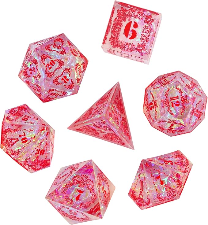 Cusdie DND Dice Set Handmade 7PCs Sharp Edge Dice, D&D Dice Set Unique with Patterns and Glitter Foil Inclusions Polyhedral Dice Set for Dungeons and Dragons RPG Table Games(Flower&Skull-R)