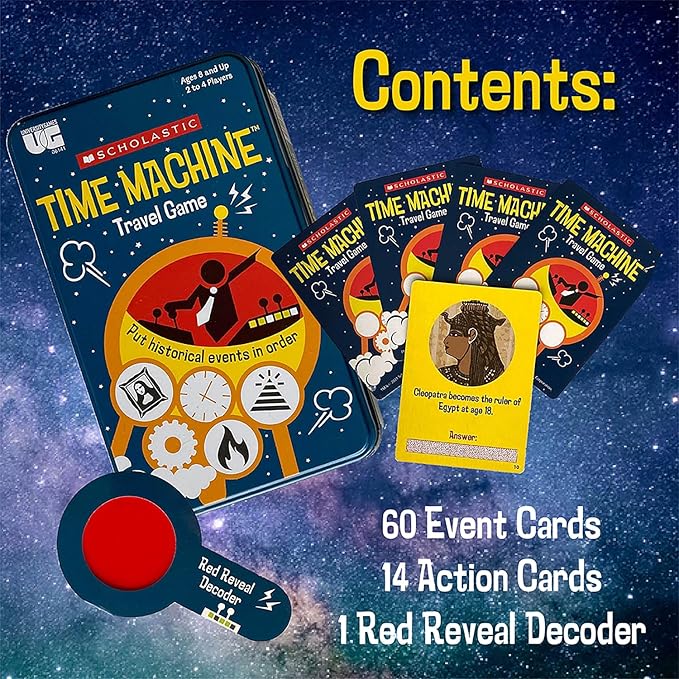 University Games, Scholastic Time Machine History Travel Card Game in a Tin for Kids, for 2 to 4 Players Ages 8 and Up