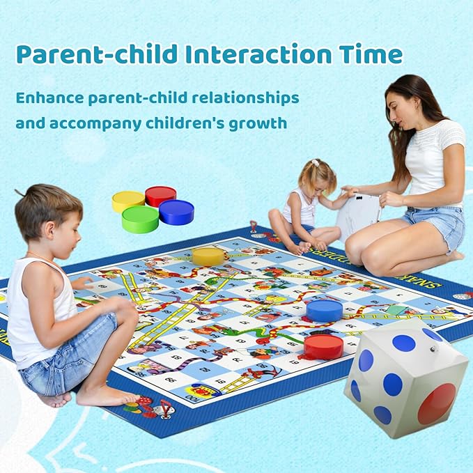 Big Snakes and Ladders Board Game for Kids Adults - Indoor Outdoor Board Game Set with 70" Playing Mat, Inflatable Dice, Chess Pieces & Dice, Educational Toy Birthday Gift for Boys Girls Ages 3 and Up